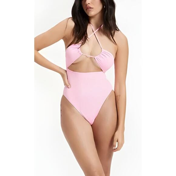 Good American Halter One Piece Swimsuit Cutout Strappy Sugar Pink NWT Medium - Picture 1 of 12